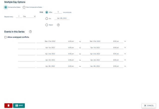 Multiple-Day Options for hourly event